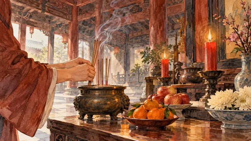 Incense and offerings in an imagined Chinese temple interior