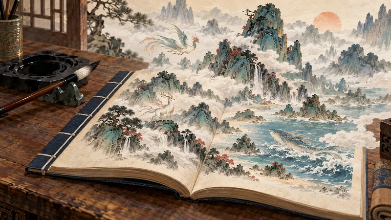 Imaginative mythic landscape emerging from an unlettered Chinese book