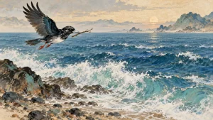 Jingwei carrying a twig over the East Sea in an original illustration