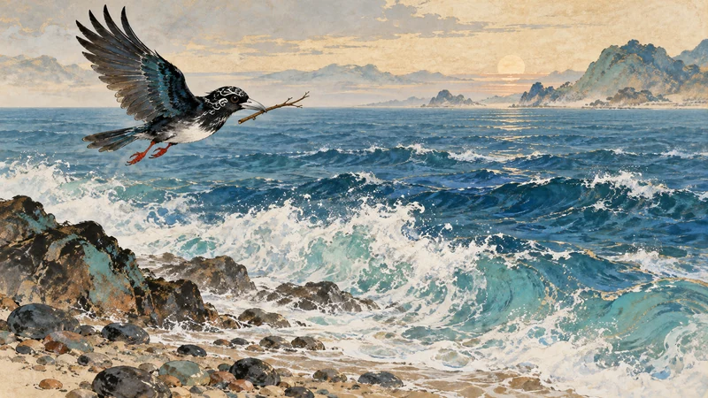 Jingwei carrying a twig over the East Sea in an original illustration