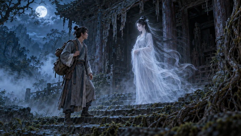 Imagined scholar encountering a female ghost at an ancient Chinese temple