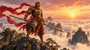 Sun Wukong holding his gold-banded staff above a sea of clouds