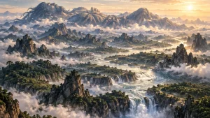 Mythic mountains and rivers echoing Pangu becoming the landscape