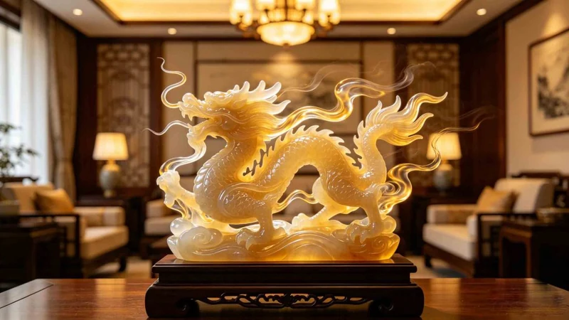 Artistic illustration of a Chinese dragon ornament on a pedestal