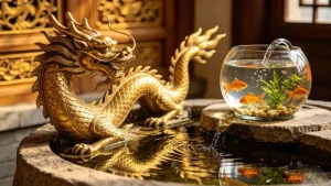 Artistic illustration of a dragon ornament beside a fish bowl