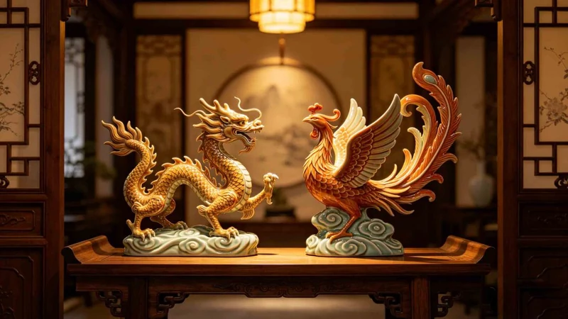 Artistic illustration of dragon and phoenix ornaments together
