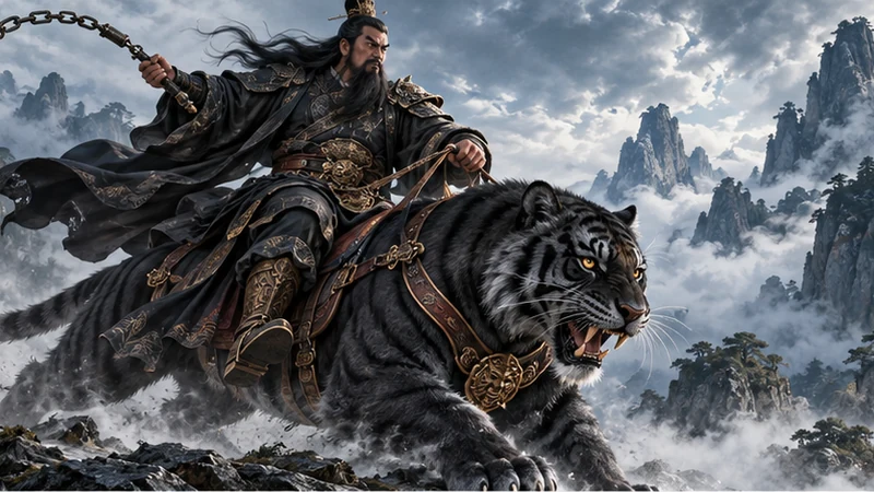 Artistic Zhao Gongming riding a black tiger through misty mountains