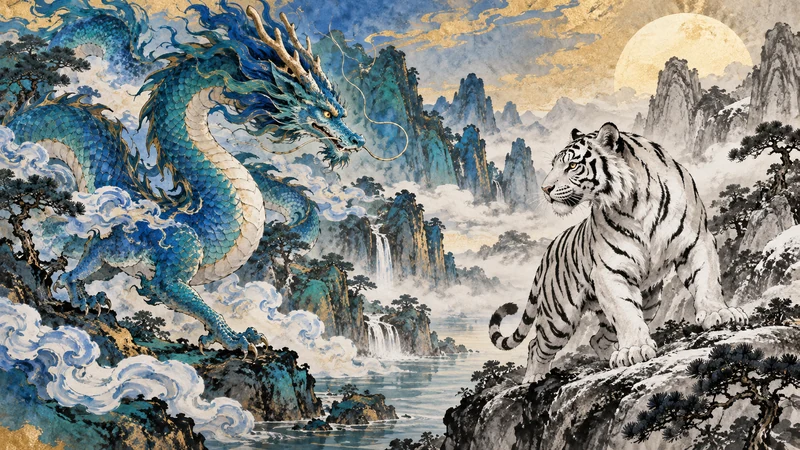 Azure Dragon and White Tiger in an original artistic illustration
