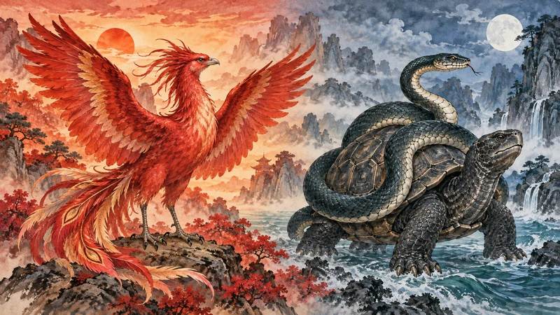 Vermilion Bird and Black Warrior tortoise entwined with a snake