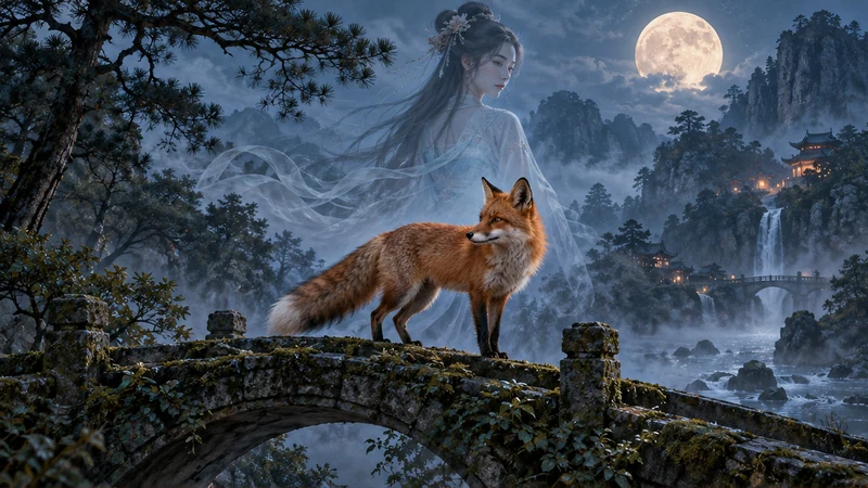 Single-tailed fox with a translucent human-form fox spirit above a stone bridge