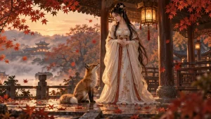 Imagined fox-spirit woman and a single-tailed fox beneath an autumn pavilion