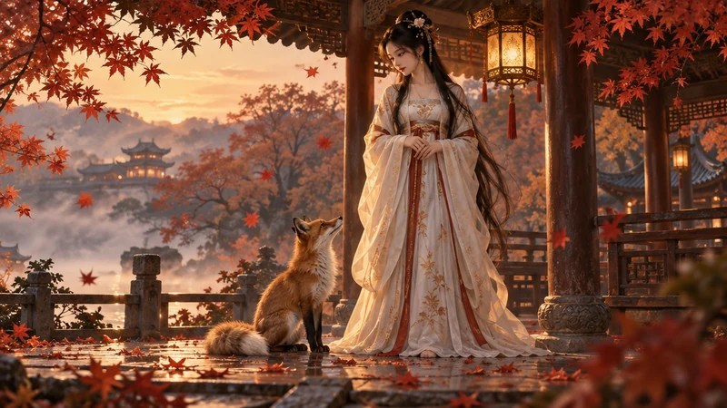 Imagined fox-spirit woman and a single-tailed fox beneath an autumn pavilion