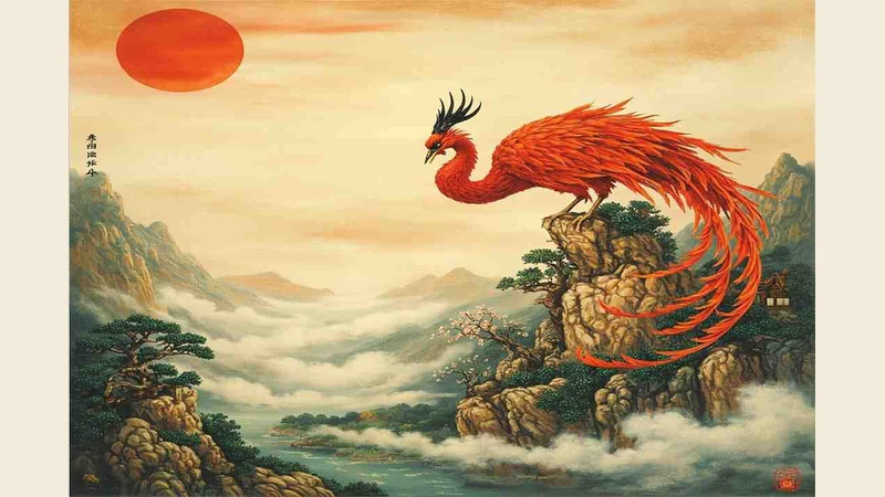 Artistic interpretation of the Vermilion Bird perched above a mountain valley
