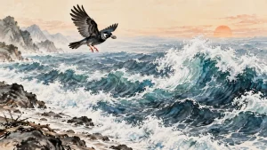 Jingwei carrying a stone in its beak above the sea