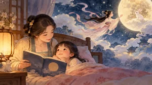 Parent telling a bedtime story with a moon-goddess dream vignette
