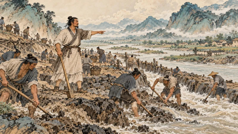 Yu directing people clearing a channel to guide floodwaters