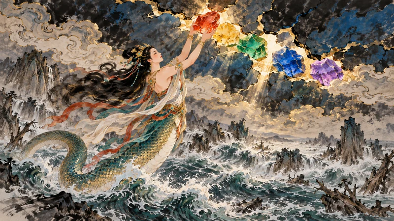 Nuwa raising colored stones to repair the broken sky