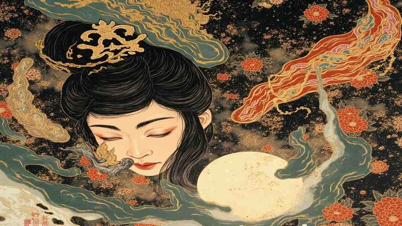 Imagined female spirit in a decorative ghost-story illustration