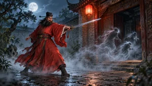 Zhong Kui in a red robe raising a sword toward misty spirits in a Chinese courtyard