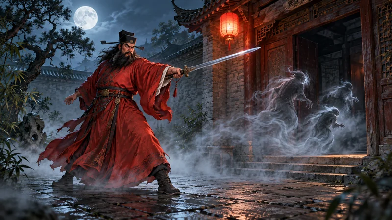 Zhong Kui in a red robe raising a sword toward misty spirits in a Chinese courtyard