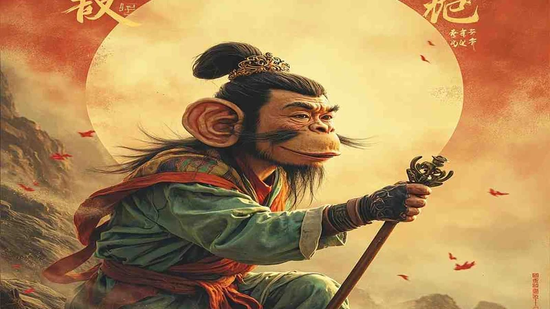 Monkey King holding a golden staff in an artistic illustration