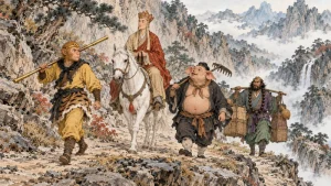 Sun Wukong, Tang Sanzang, Zhu Bajie and Sha Wujing on the pilgrimage