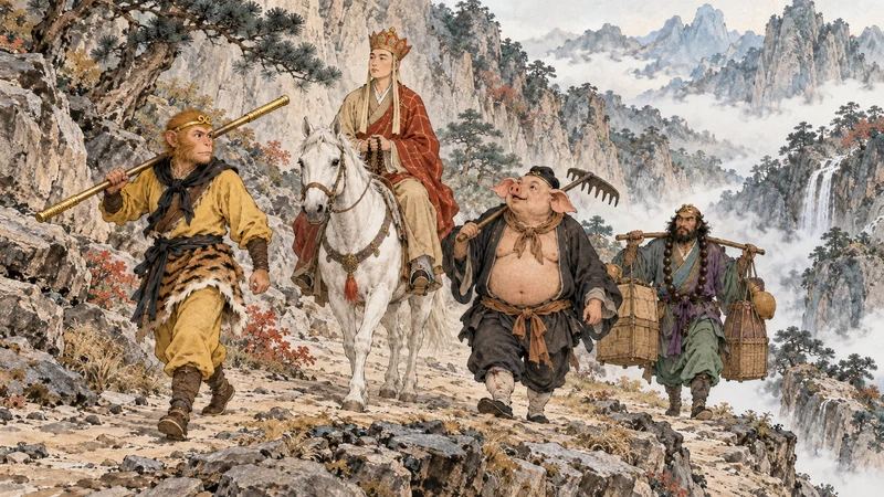 Sun Wukong, Tang Sanzang, Zhu Bajie and Sha Wujing on the pilgrimage