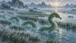 Imagined Chinese dragon emerging from a river