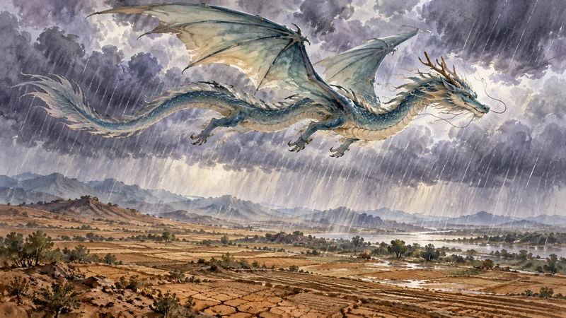 Winged Chinese dragon above fields receiving rain