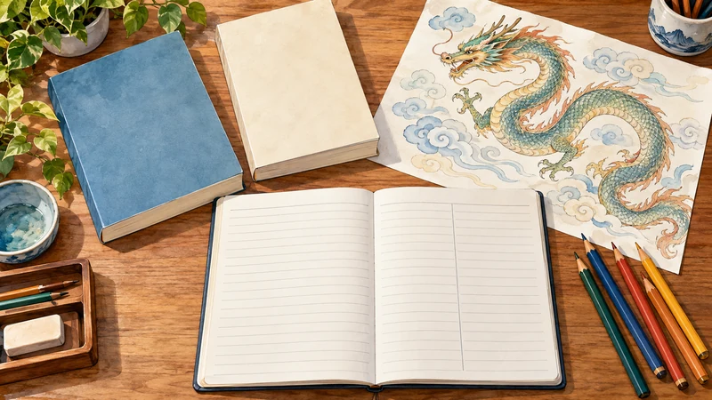 Imagined student desk with source books, notes and a Chinese dragon sketch