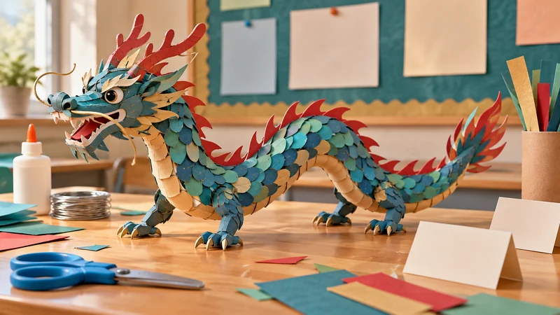 Imagined handmade paper dragon model with source cards