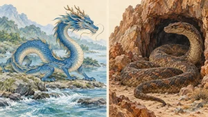 Separate panels of a Chinese water dragon and Greek cave-guarding serpent