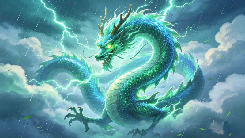 Modern illustration of a blue-green dragon among storm clouds