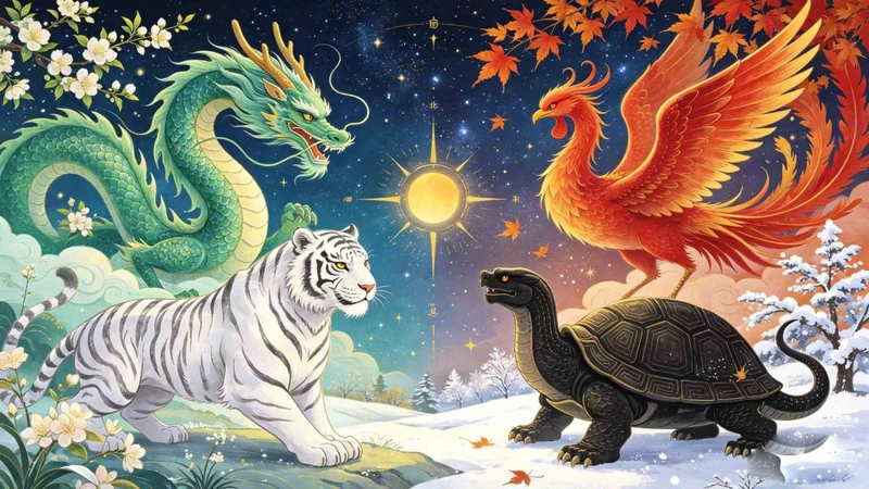 Modern simplified illustration of the four directional guardian animals