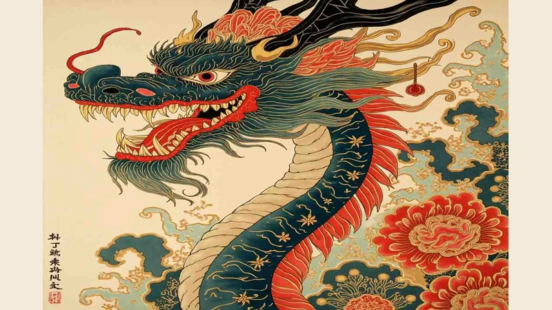 Decorative Chinese dragon among clouds and flowers