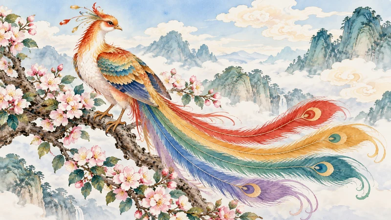 Imagined multicolored fenghuang perched on a flowering branch