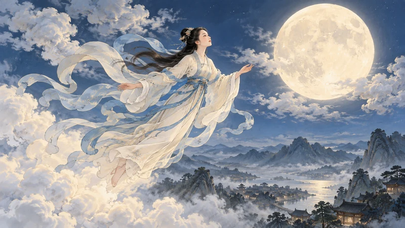 Artistic illustration of Chang'e ascending toward the moon
