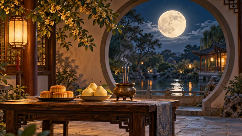 Artistic illustration of mooncakes and incense under a Mid-Autumn full moon