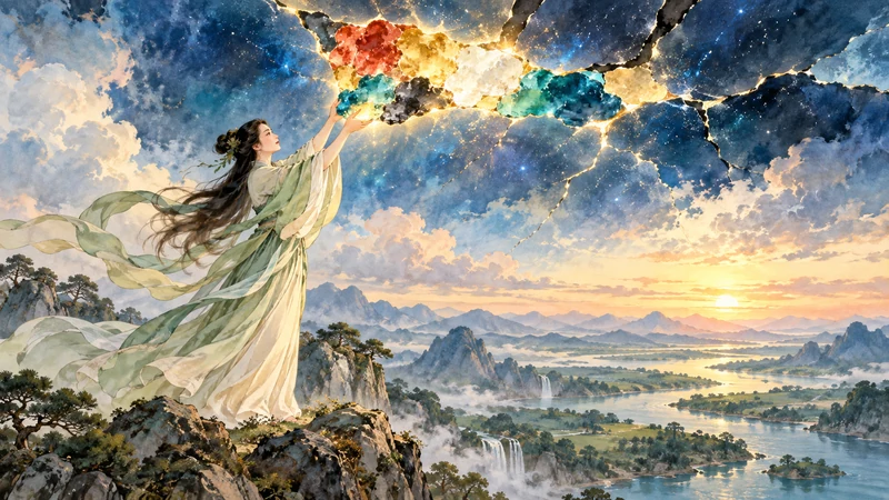 Imagined Nuwa lifting colored stones to repair the sky