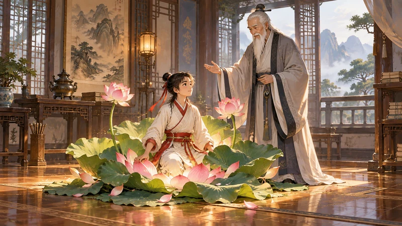 Artistic illustration of Taiyi Zhenren restoring Nezha with lotus materials