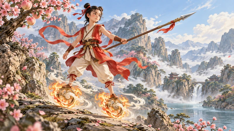 Artistic illustration of Nezha with a spear and two wind-and-fire wheels