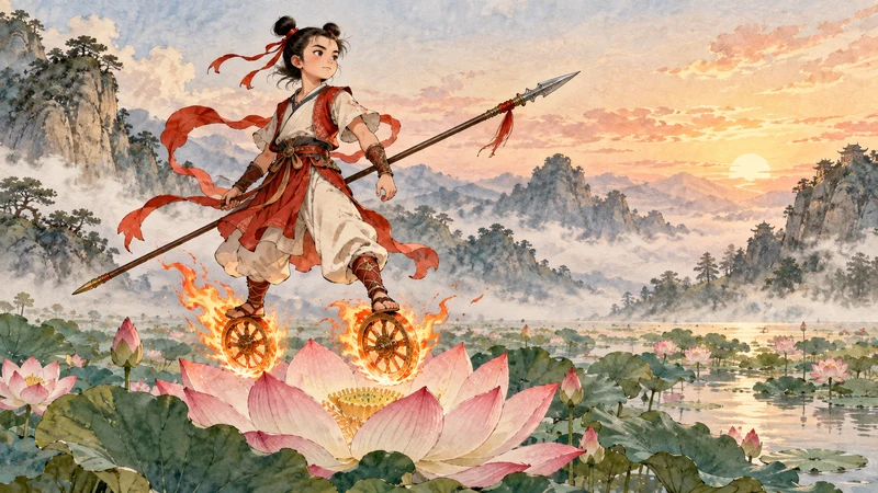 Artistic symbolic portrait of reborn Nezha with lotus, spear and wind-and-fire wheels