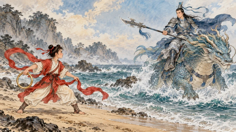 Artistic illustration of Nezha facing Dragon Prince Ao Bing at the shore
