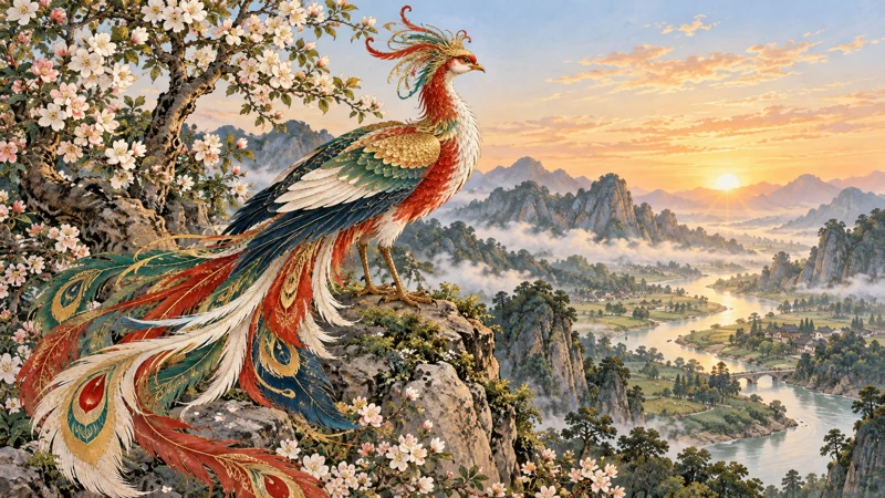 A five-colored Fenghuang perched beside a flowering tree