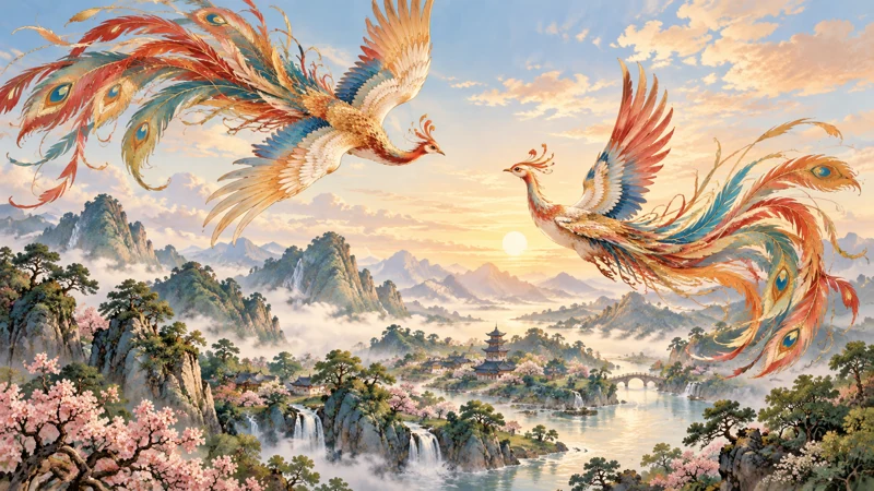Two Fenghuang birds flying above a peaceful valley