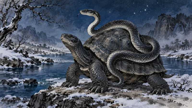 Black tortoise with a snake coiled around its shell