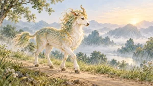 Artistic qilin with one horn walking on a quiet path