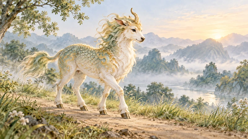 Artistic qilin with one horn walking on a quiet path