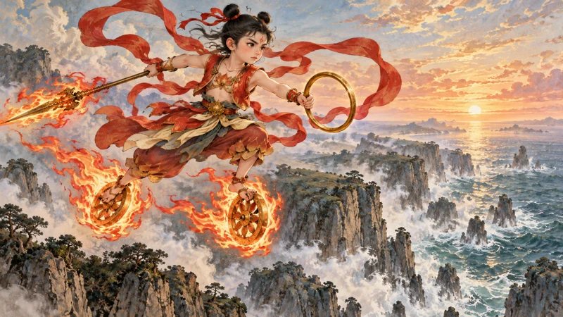 Young human Nezha with spear, gold ring and two Wind Fire Wheels