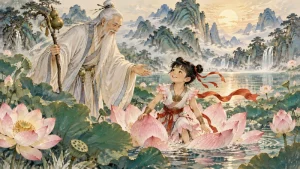 Taiyi Zhenren beside Nezha restored among lotus flowers